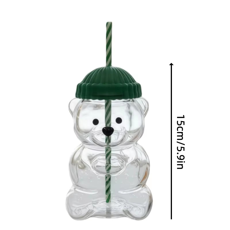 20Oz Teddy Bear Glass with Straw, Cute Cartoon Animal Shaped Water Cup, Portable Drinking Cup for Home and Office Use