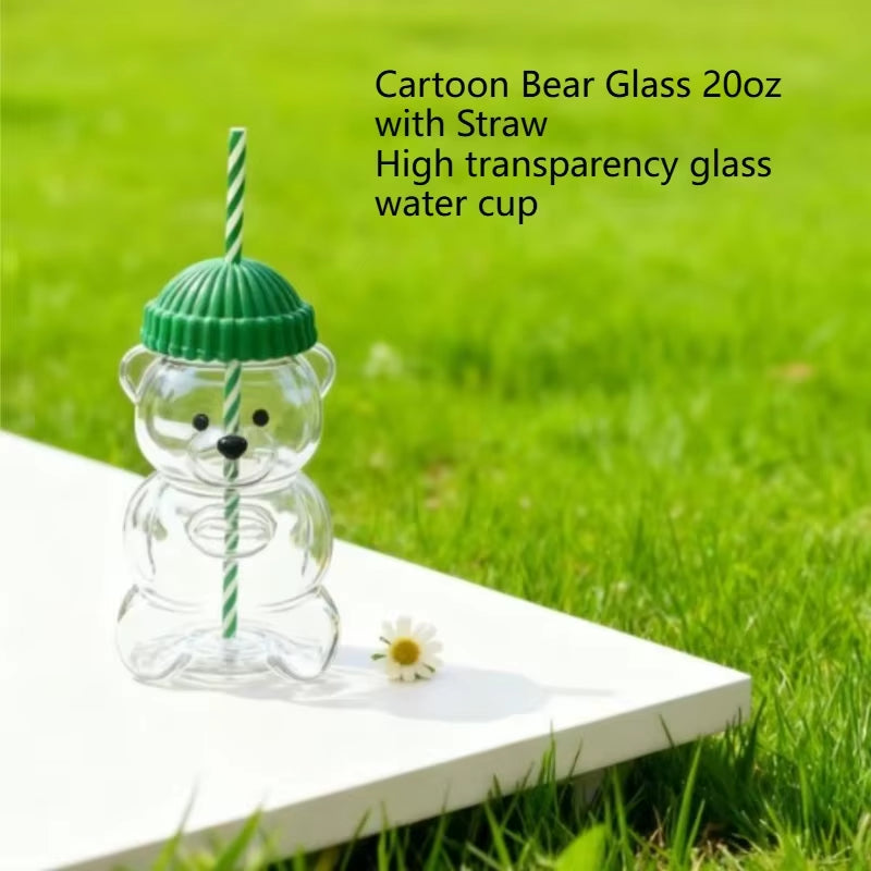 20Oz Teddy Bear Glass with Straw, Cute Cartoon Animal Shaped Water Cup, Portable Drinking Cup for Home and Office Use