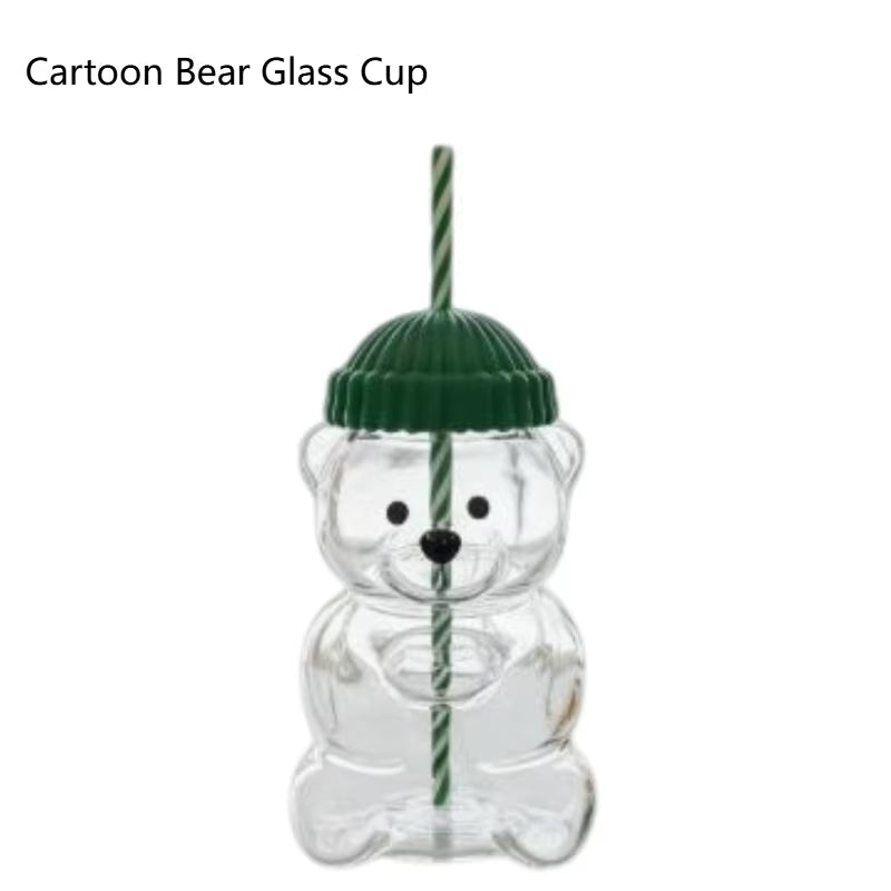20Oz Teddy Bear Glass with Straw, Cute Cartoon Animal Shaped Water Cup, Portable Drinking Cup for Home and Office Use